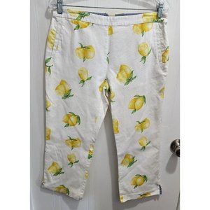 Vtg Tommy Hilfiger White/Yellow Lemon Print Cropped Stretch Pants Women's Sz 8
